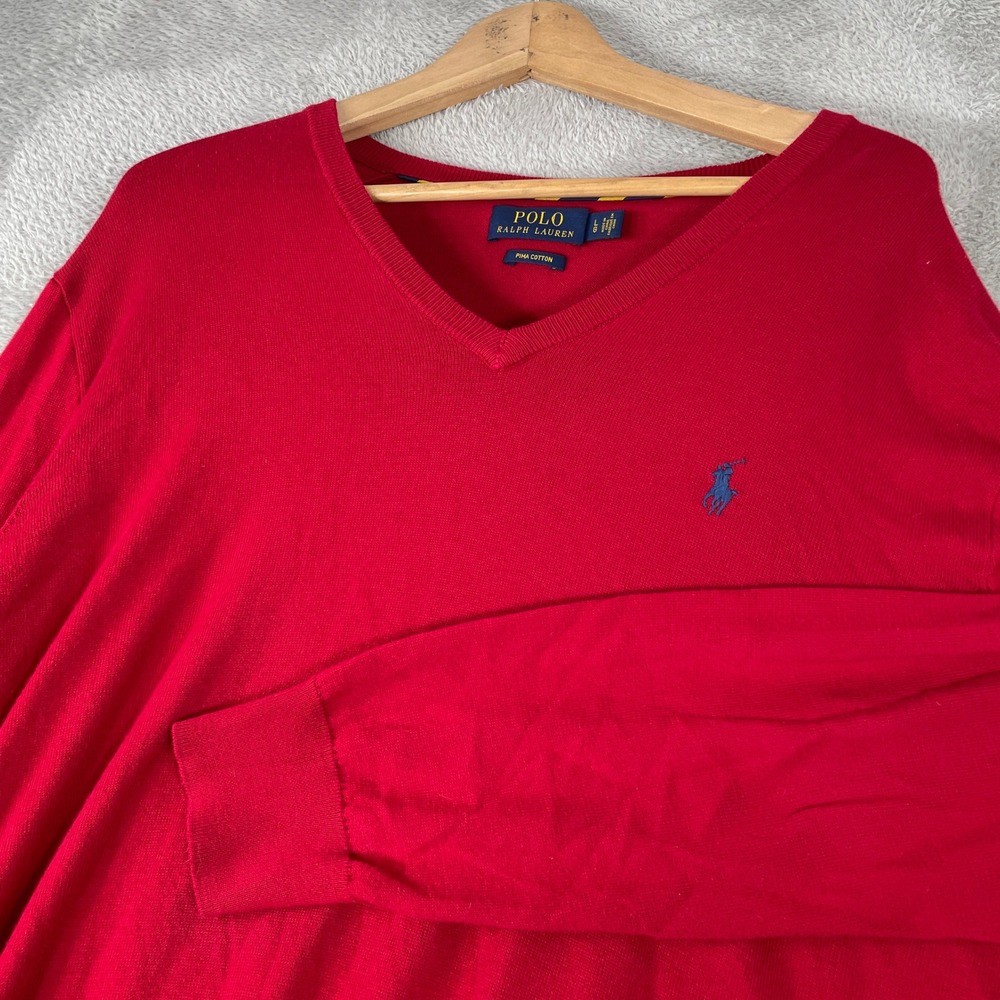 Polo Ralph Lauren Sweater Mens Large Red Pima Cotton V-Neck Classic Preppy Soft